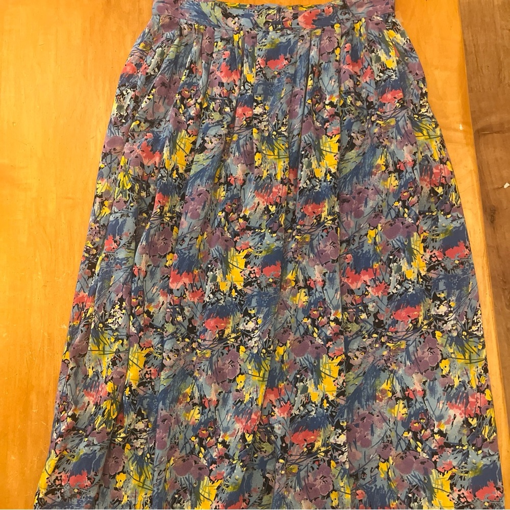 Vintage CODE 7 Floral Abstract Pleated MIDI Skirt•27”Waist•Pockets - Picture 2 of 8